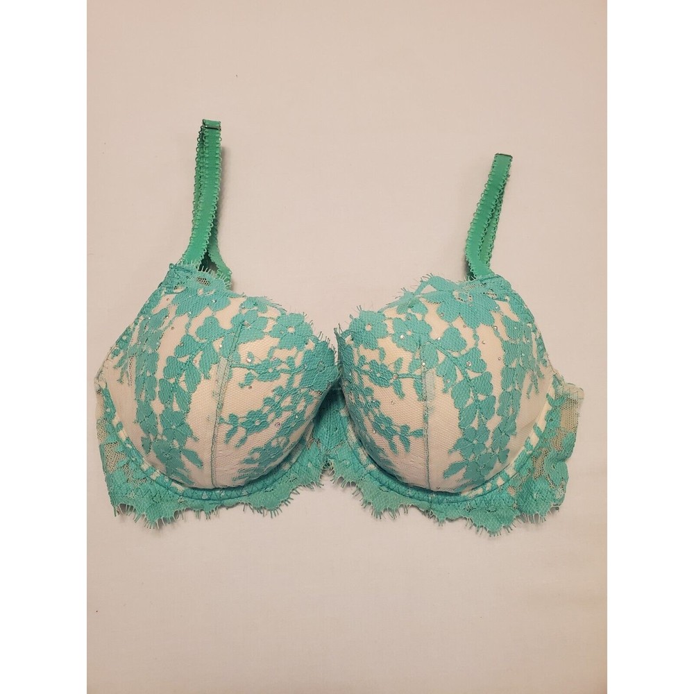Victoria's Secret Bra 32D Teal Dream Angels  Lace Underwire Push Up Lined Demi